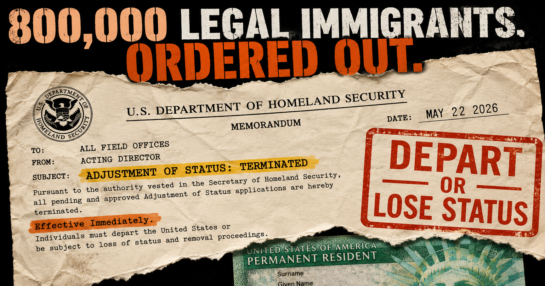 Trump's USCIS Ends Green Card Adjustment of Status. Hundreds of Thousands of Legal Immigrants Now Face Mandatory Departure.